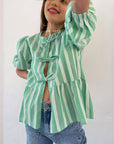 Striped Women's Top Tether Loose Pleated Shirt