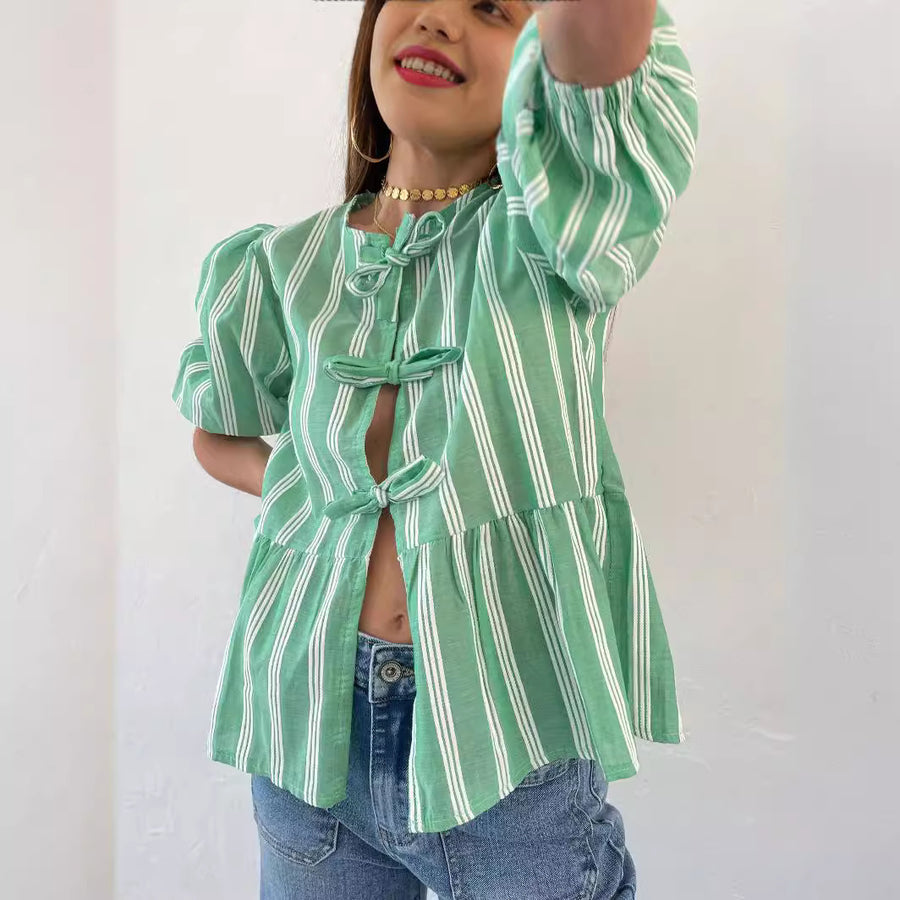 Striped Women's Top Tether Loose Pleated Shirt