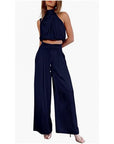 Summer Suits Casual Sleeveless Midriff-baring Top And Wide Leg Pants 2pcs Set Womens Clothing