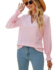 Solid Color Hollow-out Pleated Ruffle Shirts Sleeve V-neck Loose Long Sleeve Tops Women