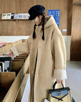 Windproof Stand Collar Hooded Loose Single-breasted Khaki Retro Fur Coat