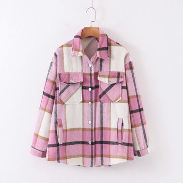 New Lapel Woolen Plaid Shirt Jacket Women