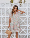 Women's V-neck High Waist Flower Short Sleeve Ruffles Dress