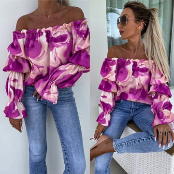 Elastic One Shoulder Lantern Lotus Leaf Sleeve Printed Shirt With Long Sleeves