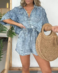 2pcs Loose Denim Suits Summer Casual Bat Sleeve Shirt And Drawstring Shorts With Pockets Women's Set