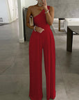 One-shoulder Sleeveless Asymmetric Casual Jumpsuit Solid Color Jumpsuit