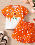 Girls Sunflower And Butterfly Pattern Short Sleeve Top Shorts Suit