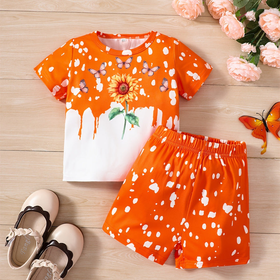 Girls Sunflower And Butterfly Pattern Short Sleeve Top Shorts Suit