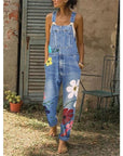 Denim overalls printed washed denim overalls