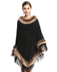 Faux Fox Fur Collar Tassel Pullover Knitting Cape And Shawl Coat