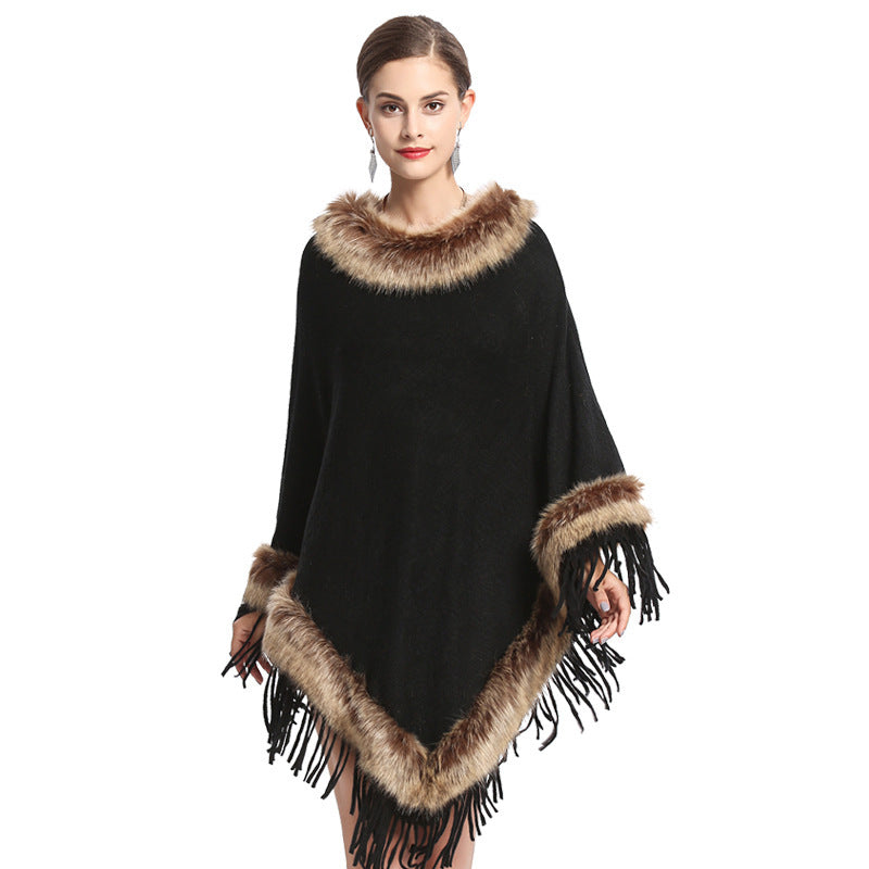 Faux Fox Fur Collar Tassel Pullover Knitting Cape And Shawl Coat