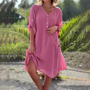 Solid Color Plus Size V-neck Middle Sleeve Pocket Dress