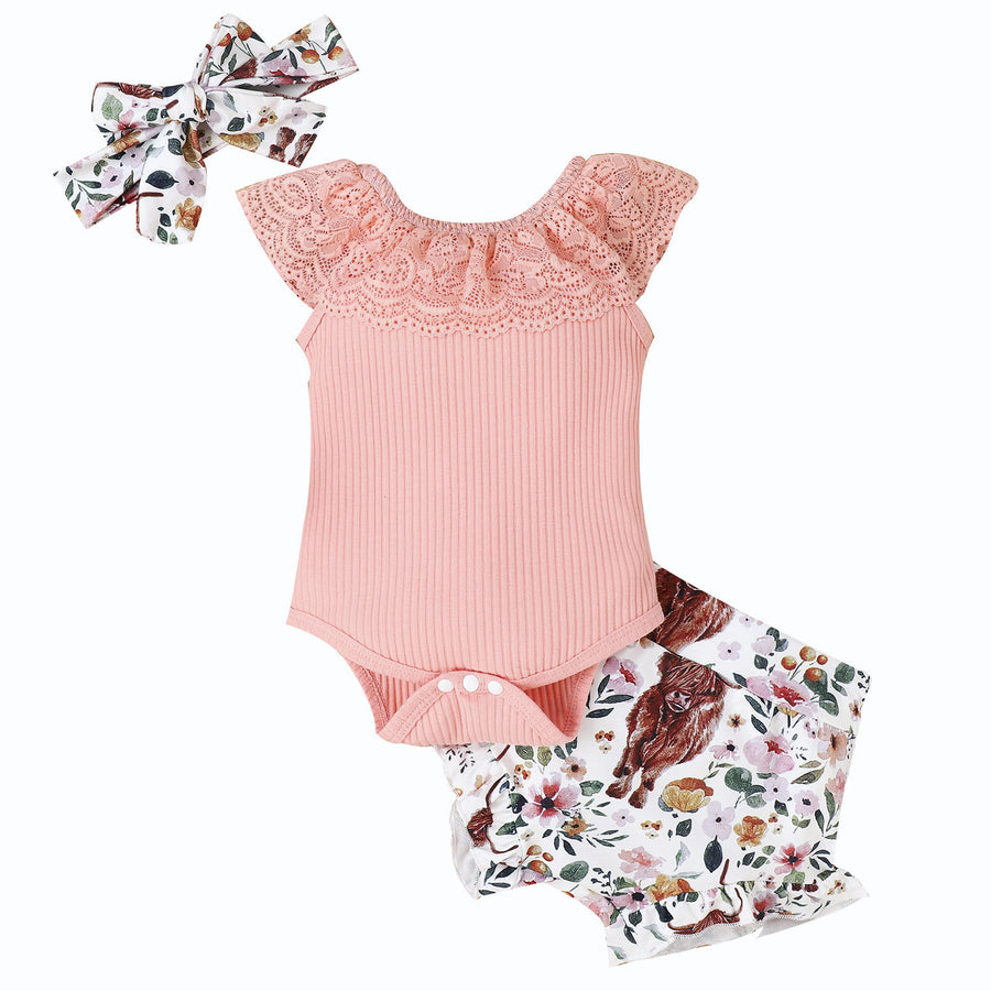 Solid Color Sleeveless Romper Printed Baby Bodysuit Lace Shorts Suit