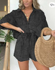 2pcs Loose Denim Suits Summer Casual Bat Sleeve Shirt And Drawstring Shorts With Pockets Women's Set