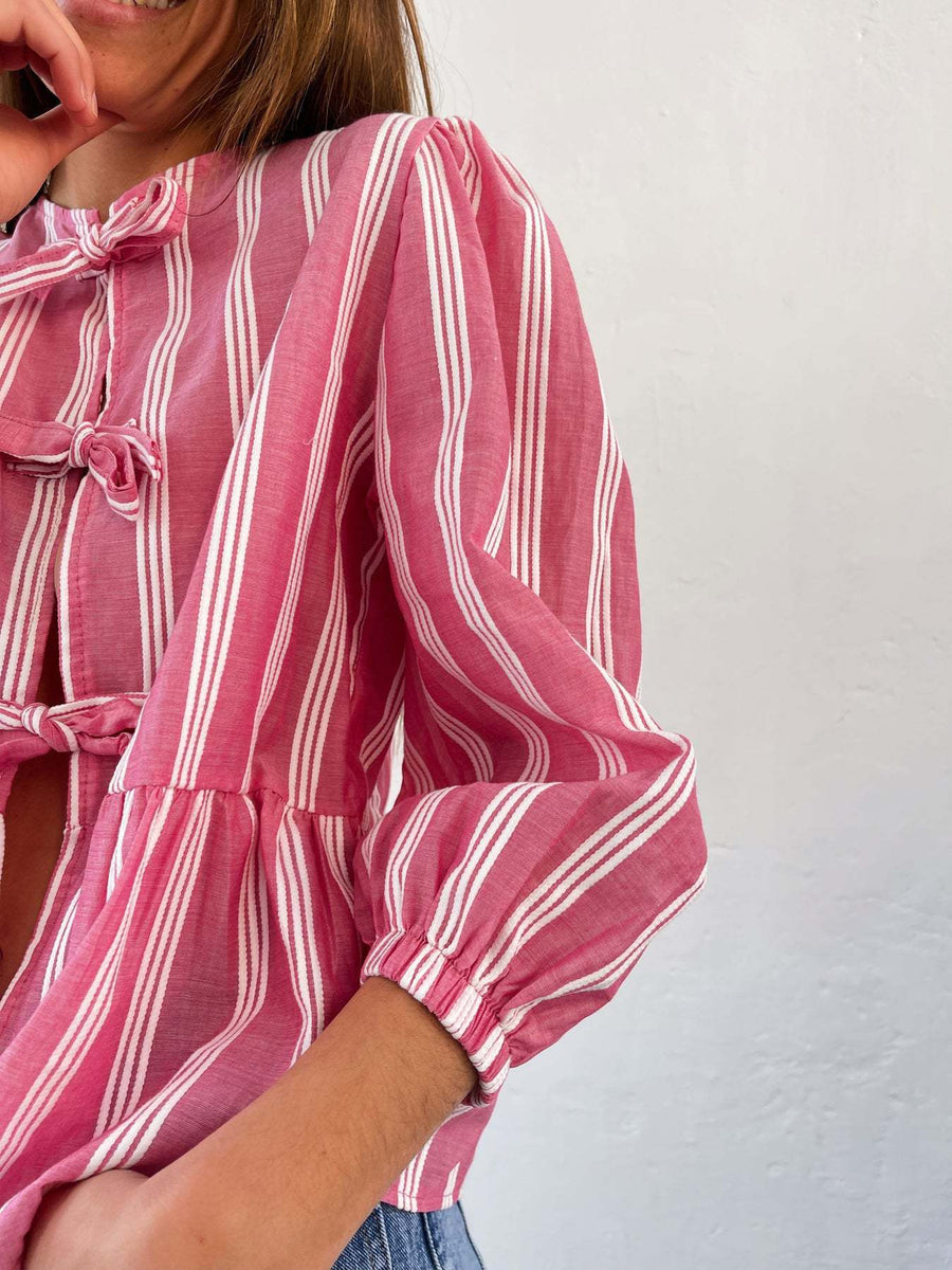 Striped Women's Top Tether Loose Pleated Shirt