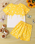 Girls Sunflower And Butterfly Pattern Short Sleeve Top Shorts Suit