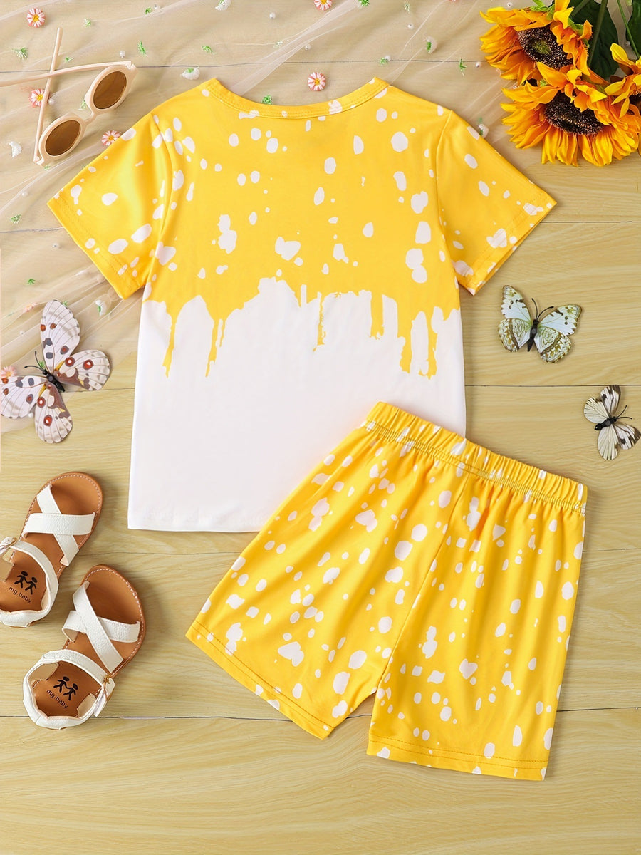 Girls Sunflower And Butterfly Pattern Short Sleeve Top Shorts Suit