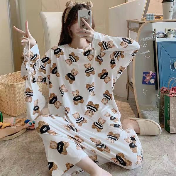 Pajamas women long sleeves long nightdress cartoon cute home service