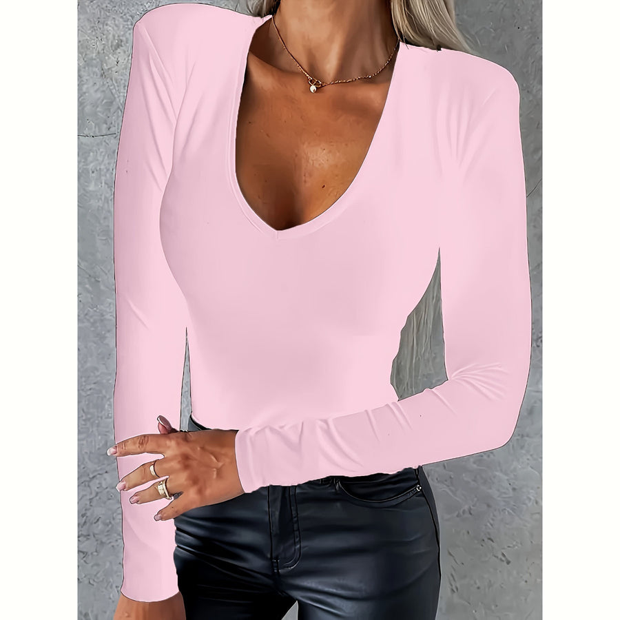 Casual Long-sleeved V-neck Tight Bottoming T-shirt