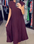 Short Sleeve Pleated Long Dress Summer Round Neck Dress Women's Clothing