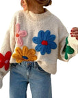 Color Little Flower Embroidery Pullover Sweater