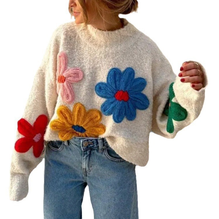 Color Little Flower Embroidery Pullover Sweater