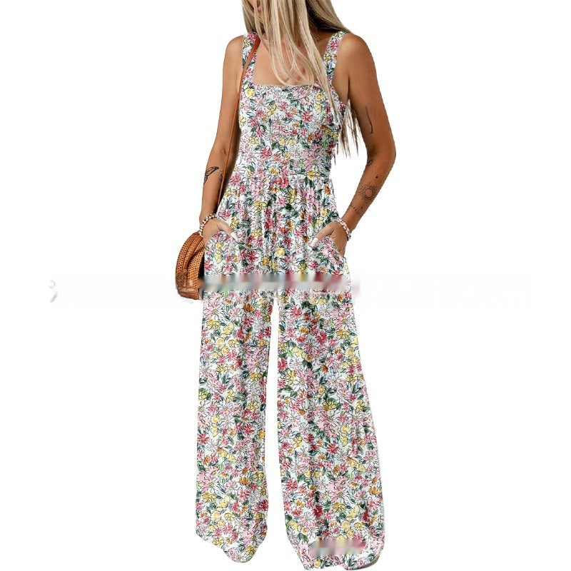 European And American Bohemian Spaghetti-strap Floral Print Overalls