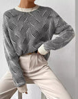 Round Neck Striped Contrast Color Knitted Sweater