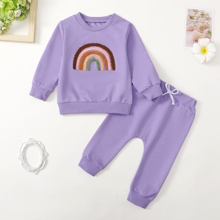 Children's Four-color Towel Embroidery Rainbow Long-sleeved Shirt Fake Drawstring Trousers Two-piece Set