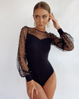 Puff Sleeve Stitching Long-sleeved Slim Fit One-piece High Waist Jumpsuit