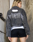 Ripped Rhinestone Denim Jacket Tassel Long Sleeve Denim Jacket