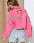 Ripped Rhinestone Denim Jacket Tassel Long Sleeve Denim Jacket