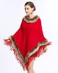 Faux Fox Fur Collar Tassel Pullover Knitting Cape And Shawl Coat