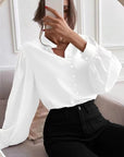 Commute Style Solid Color Round Neck Long Sleeve Single-breasted Women's Shirt