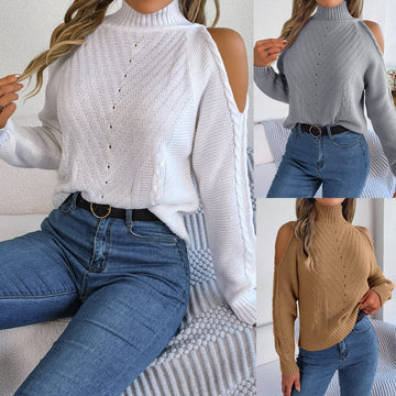 Leisure Off-the-shoulder Turtleneck Hollow-out Long Sleeve Knitted Sweater