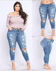 Stretch denim hole high waist ladies jeans