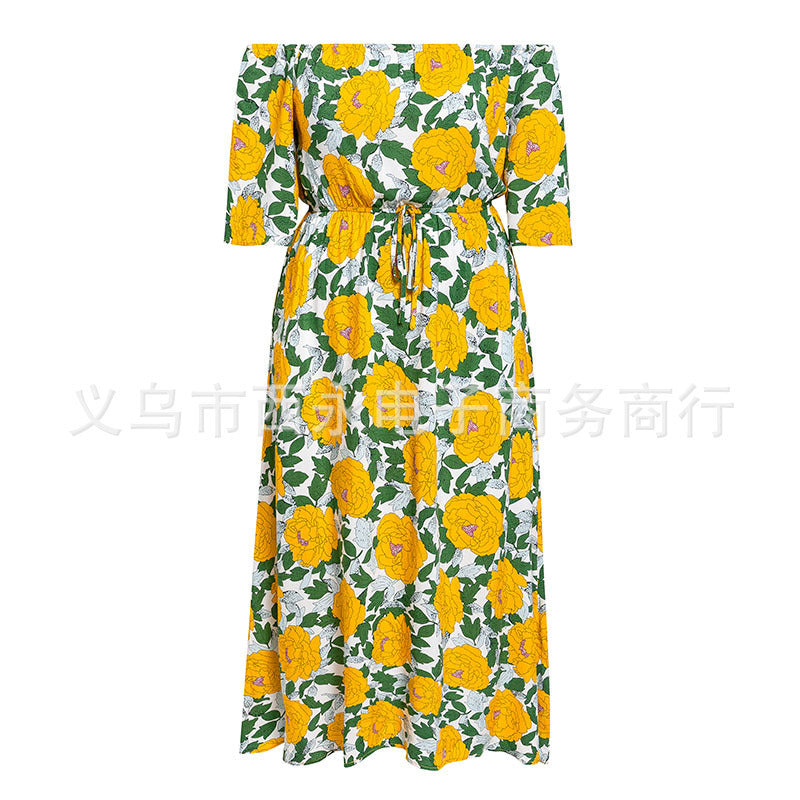 Cross-border large size women's 19 spring and summer fashion print dress holiday style Europe and the United States loose long skirt boho