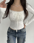 Lace Edge Stitching Fake Two-piece Long-sleeved T-shirt Slim Pleated Lace-up Short Top