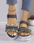 Fashion Tassel Denim Sandals With Thick-soled Flat Heel New Summer Hemp Rope Sole Ethnic Style Shoes For Women