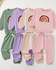 Children's Four-color Towel Embroidery Rainbow Long-sleeved Shirt Fake Drawstring Trousers Two-piece Set