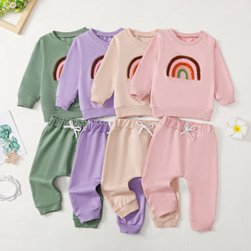 Children's Four-color Towel Embroidery Rainbow Long-sleeved Shirt Fake Drawstring Trousers Two-piece Set