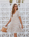 Women's V-neck High Waist Flower Short Sleeve Ruffles Dress