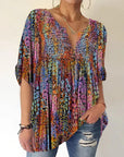 Women's Color Printed V-neck Pullover Shirt