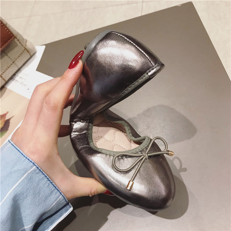 Round Toe Bowknot Low-cut Flat Bottom Pumps Women Shoes