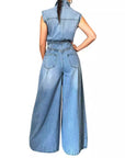 Leisure Washed-out Sleeveless Denim One-piece Wide-leg Pants Women