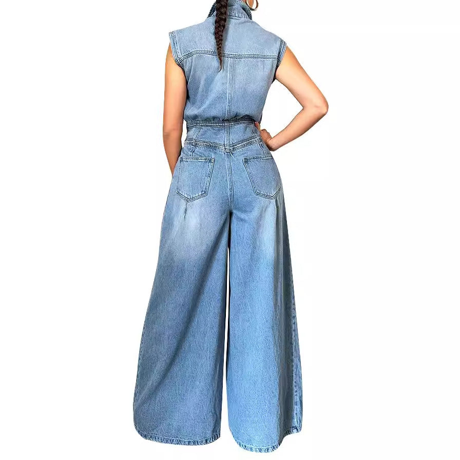 Leisure Washed-out Sleeveless Denim One-piece Wide-leg Pants Women