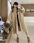 Windproof Stand Collar Hooded Loose Single-breasted Khaki Retro Fur Coat