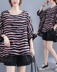 Summer Women's Loose Plus Size Striped Batwing Sleeve T-shirt