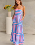 Summer Striped Printed Suspender Long Dress With Pockets Fashion Square Neck Backless Dresses For Beach Vacation Women Clothing