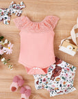 Solid Color Sleeveless Romper Printed Baby Bodysuit Lace Shorts Suit